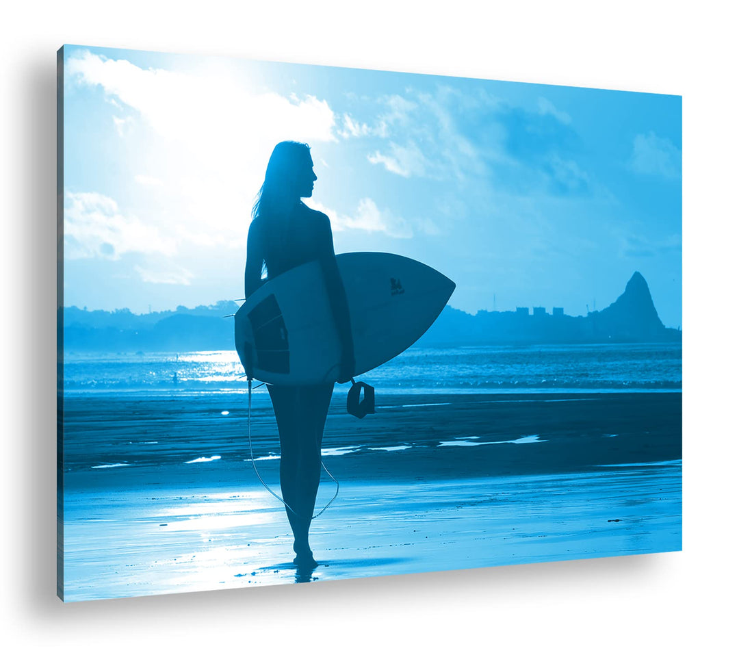 deyoli Surfen im Sonnenuntergang Format: 80x60 Effekt: Monocrome Blau als Leinwandbild, Motiv fertig