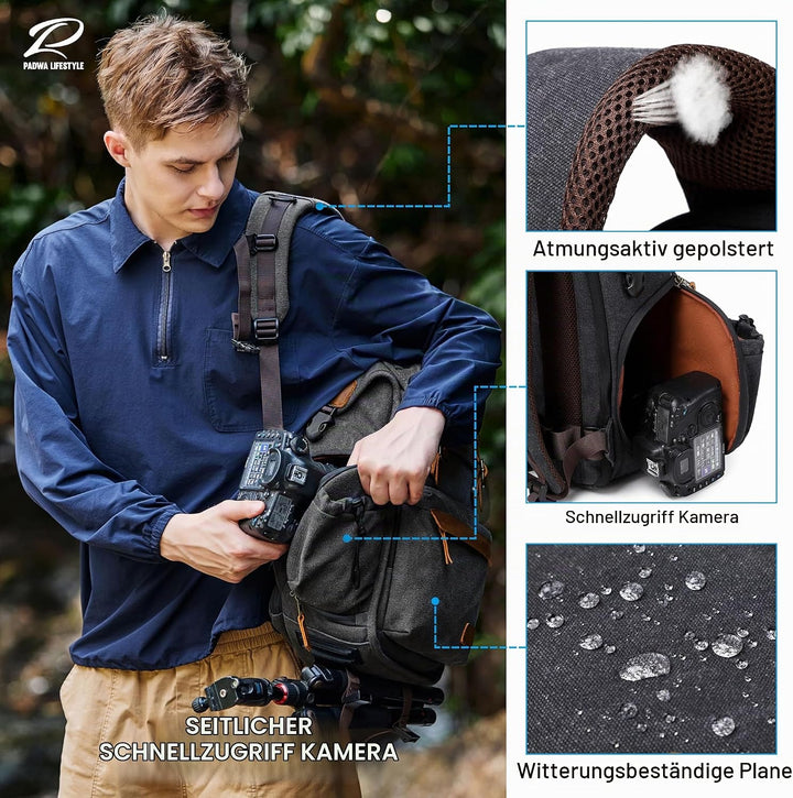 Padwa Lifestyle Kamerarucksack - Gewachstem Memory Canvas Kamerarucksack mit 16“ Laptop-/Objektivfac