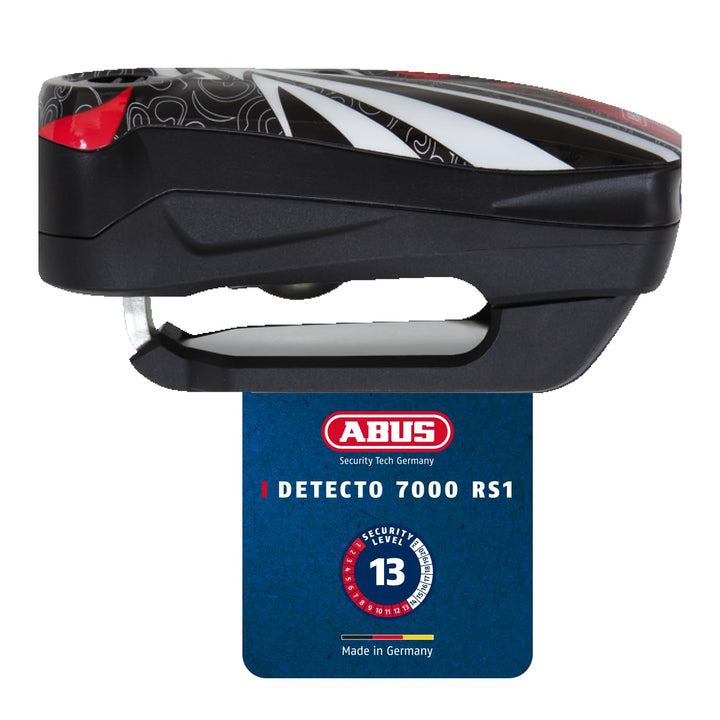 ABUS Bremsscheibenschloss Detecto 7000 RS1 – Motorradschloss mit Alarm – flame black one size Schwar