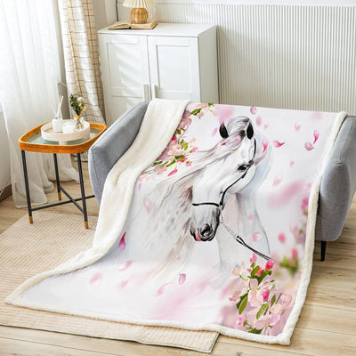 Tbrand Weisses Pferd Kuscheldecke Rosa Blumen Fleece Wohndecke Aquarell Wildtier Design Decke 150x20