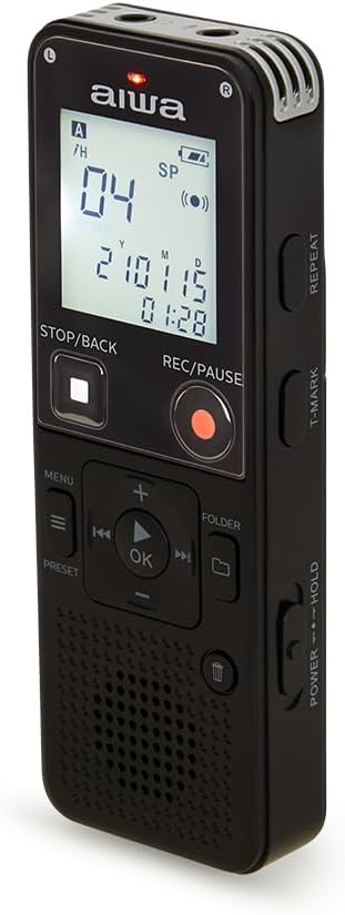 AIWA DVR-A600 Digitales Diktiergerät mit Stereo-Mikrofon und integriertem 16 GB Speicher, Schwarz
