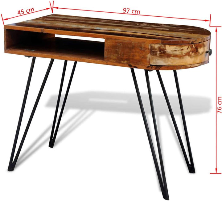 Retro Design Tisch, Reine Handarbeit, Vintage Konsolentisch Metallbeine & Schublade, Recyceltes Mass