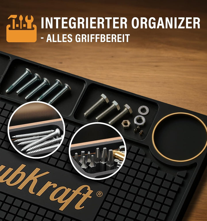 Premium Werkbankmatte (55 x 35cm) - Antirutsch Werkstattunterlage mit Organizer & Messskala I Robust