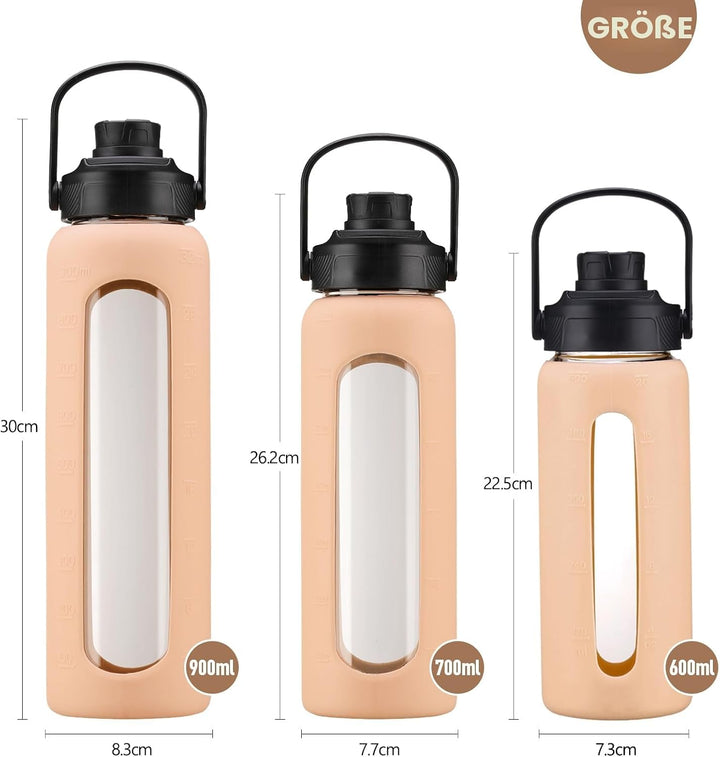 BLUEGO 700ml Glaswasserflasche mit Strohhalm und 2 Deckeln Kaffeetasse aus Glas mit Zeitmarkierung u