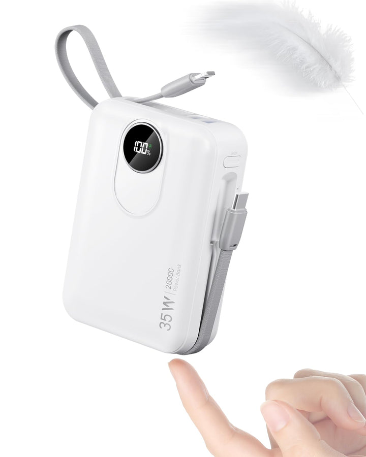 20.000 mAh Powerbank mit integrierten Kabeln: Externer Akku mit 22,5 W Schnellladung für Handy, USB