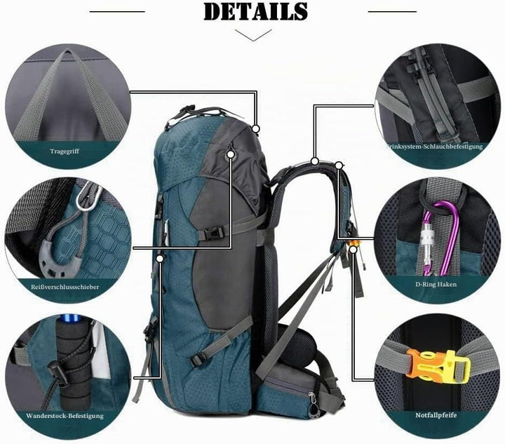 Bseash 60L Wasserdichter leichter Wanderrucksack mit Regenschutz, Outdoor Sport Tagesrucksack Multif