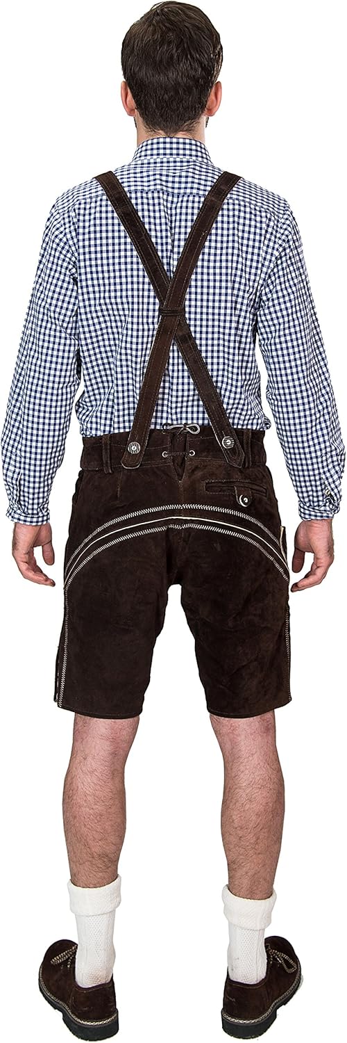 Bayerische Herren Trachten Lederhose kurz, Elegante Trachtenlederhose mit Trägern, original in Dunke