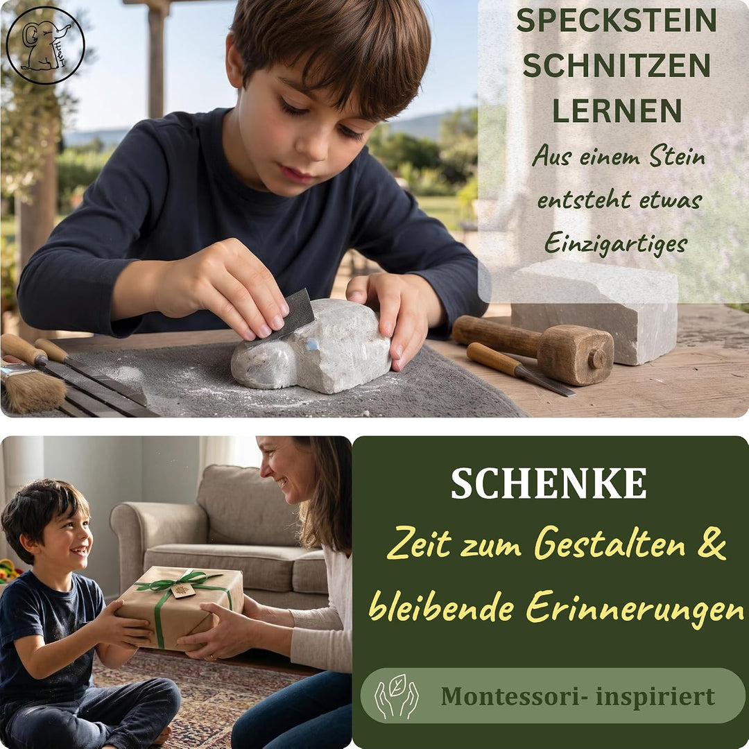 Eli® Speckstein Set - Schnitzset inkl. Schildkröte Rohling mit Werkzeug | Raspel - Schleifpapier - S