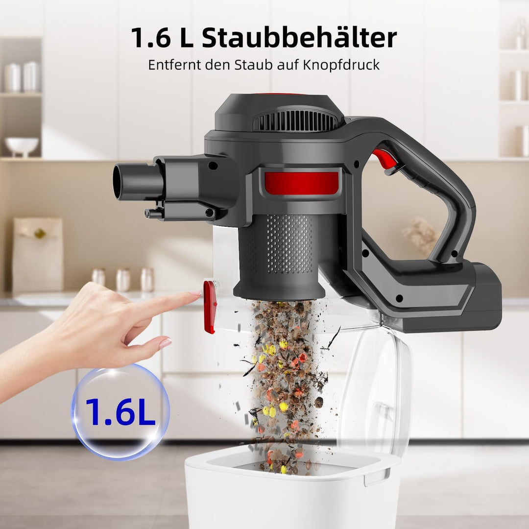 Akku Staubsauger 40000Pa/450W/100 Min mit 2 Austauschbaren Akku, 4 HEPA-Filter, 1,6 L Staubbehälter