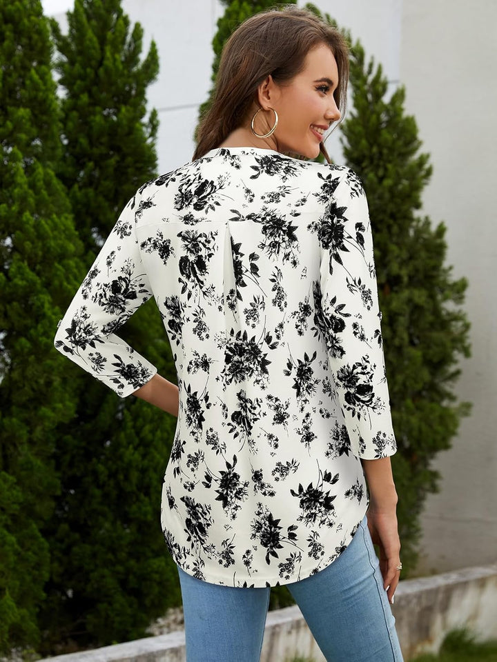 Siddhe Damen V-Ausschnitt Bluse 3/4 Ärmel Oberteile Tunika Tops Locker Longshirt Lässige T-Shirt Lan