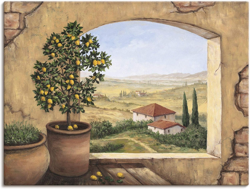 Artland Leinwandbild Wandbild Bild auf Leinwand 80x60 cm Wanddeko Fensterblick Fenster Toskana Itali