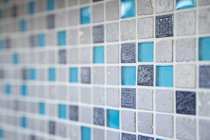 Glasmosaik Quadrat Crystal/Stein/Resin mix blau Rustikal, Mosaikstein Format: 23x23x8 mm, Bogengröss