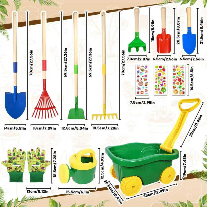 Schubkarre für Kinder, 13 Gartenwerkzeug Set für Kinder, Gartenset mit Schubkarre Kind, Kinderschubk