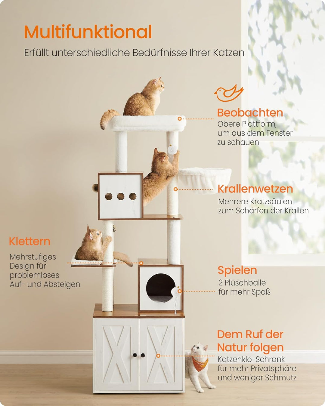 Feandrea Kratzbaum, Katzenbaum mit Katzenklo-Schrank, 178 cm hoch, Katzenkratzbaum, Kratzsäule, Plat