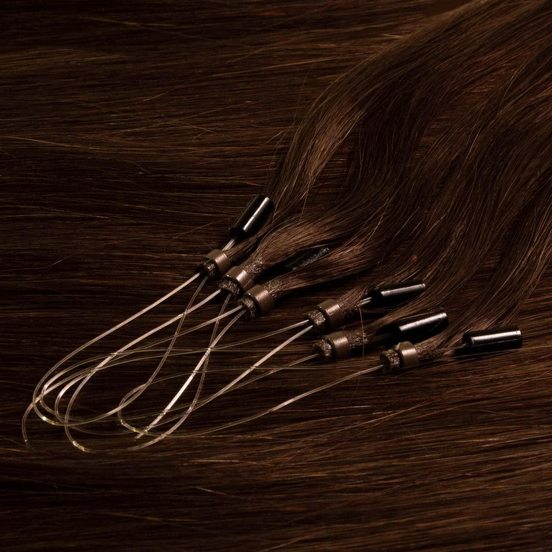 hair2heart Premium Microring Extensions Echthaar glatt - 50 Strähnen 0.8g 40cm 6/3 dunkelblond gold