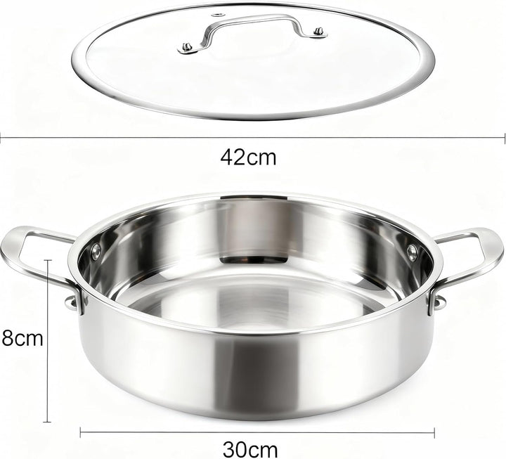 Bratpfanne 30 cm Hoher Rand 8 cm: Grosse Schmorpfanne 5,6 Liter,Für Grosskochstellen ≥2300 W,Indukti
