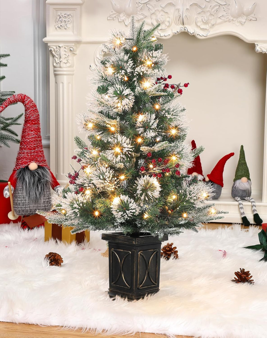 2PCS Weihnachtsbaum Künstlich 90 cm mit 78 Beleuchtung, Snow Flocked Künstlicher Weihnachtsbaum Batt