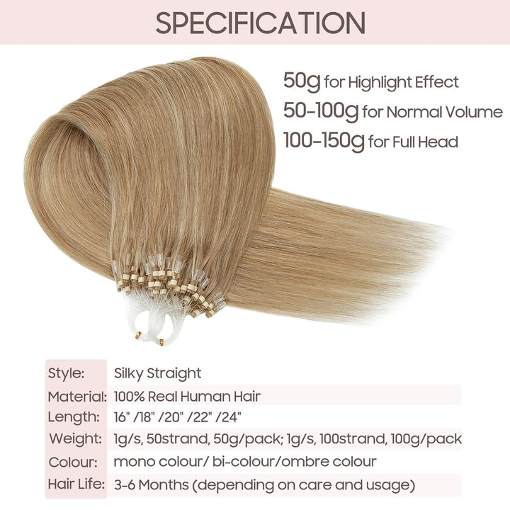 Silk-co Echthaar Microring Extensions Echthaar Micro Loop Hair Extension 100 Strähnen 50g 50cm-12P61