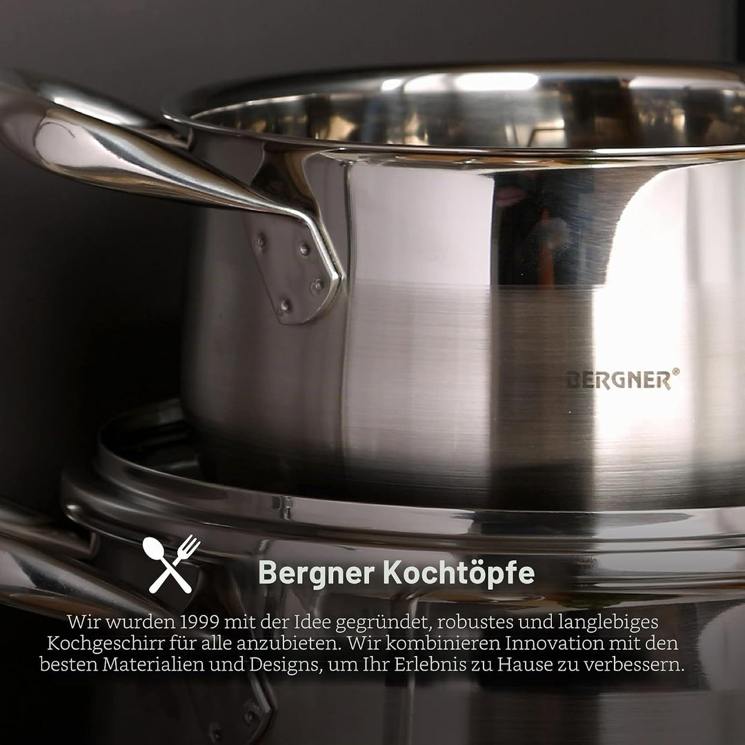 BERGNER Gourmet | Kochtopf mit Glasdeckel | 8 L Fassungsvermögen | Aus Edelstahl | Ergonomische Grif