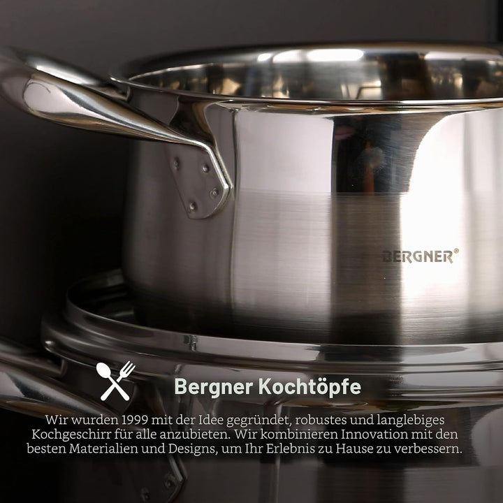 BERGNER Gourmet | Kochtopf mit Glasdeckel | 8 L Fassungsvermögen | Aus Edelstahl | Ergonomische Grif
