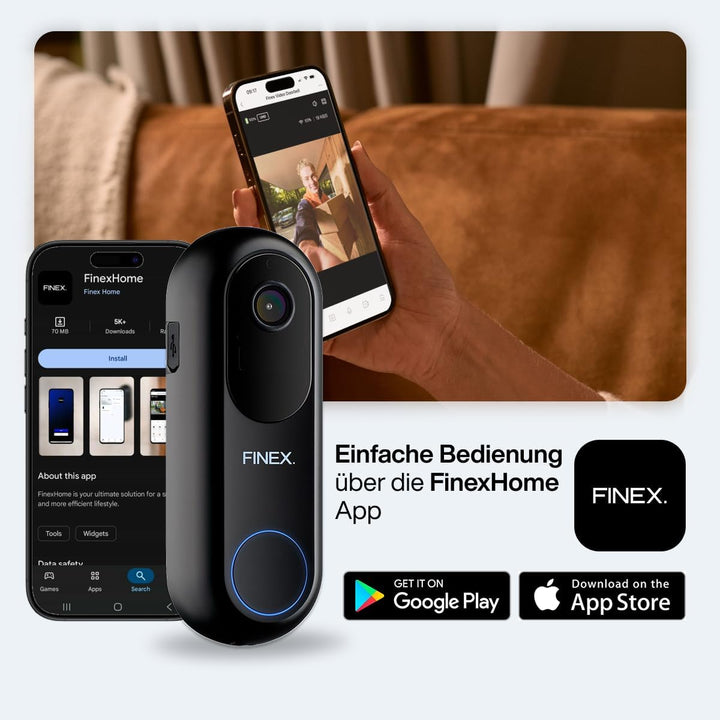 FINEX Video Türklingel, inkl. Innenklingel & Batterien, Tag- & Nachtmodus, Ohne Abonnement, Kabellos