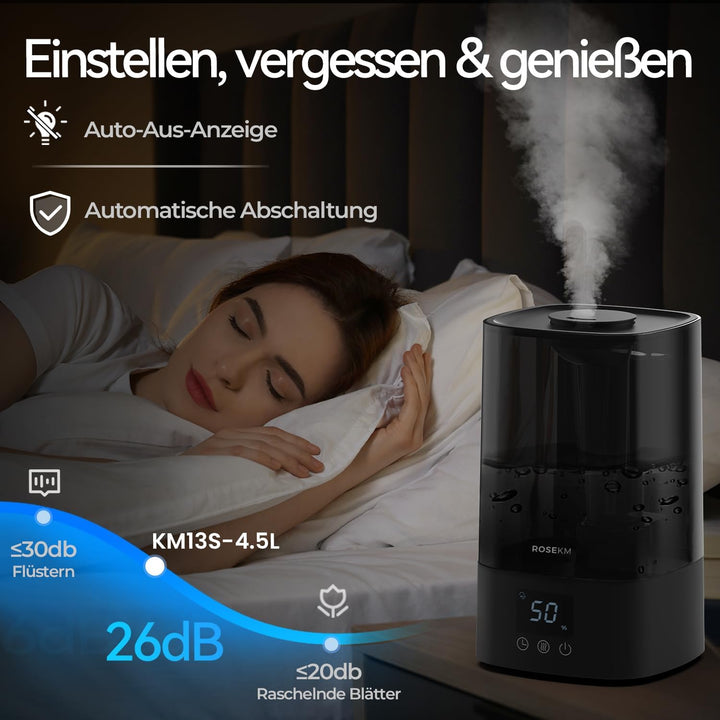Automatischer Luftbefeuchter für Schlafzimmer & grosse Räume, 4,5L Kaltnebel-Befeuchter mit Timer &
