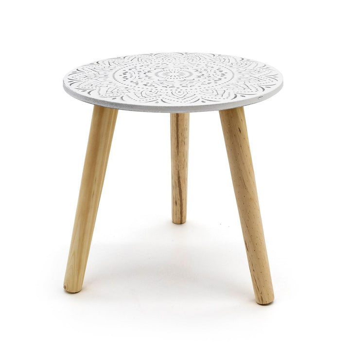 Spetebo Kleiner Beistelltisch 30x30 cm - weiss/Natur mit Dekor - Deko Holz Tisch Couchtisch Sofatisc