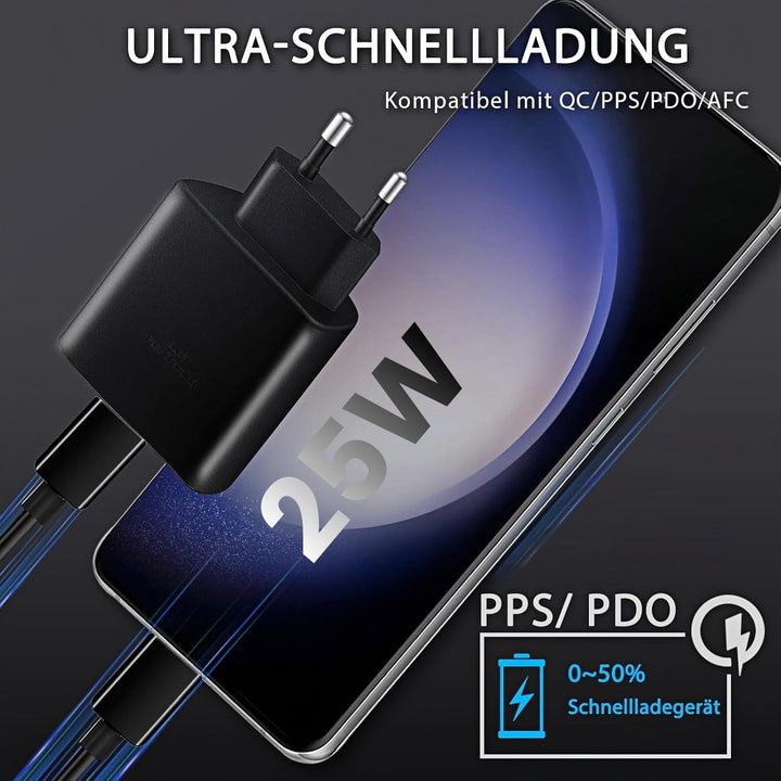 25W USB C Ladegerät 2er-Pack Schnellladegerät mit 2m Ladekabel für iPhone 17/15/16 Serie, USB C Netz