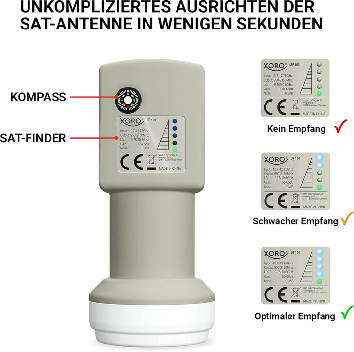 XORO Single LNB mit integriertem digitalem SAT-Finder, SF100, ideal für Camping, schnelle und einfac
