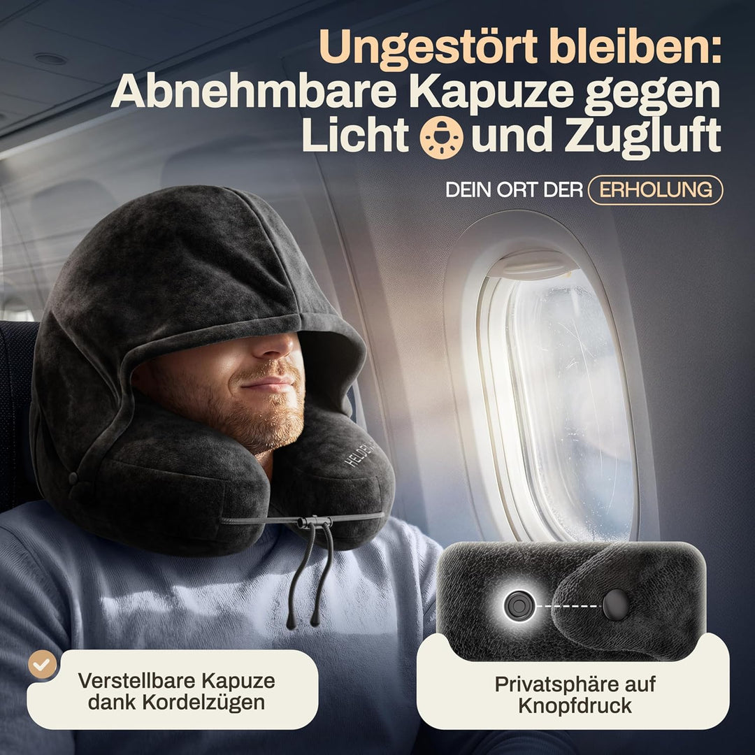 HELDENWERK® Air Nackenkissen Flugzeug Aufblasbar | Reisekissen für 5 Schlafpositionen, schnell aufbl
