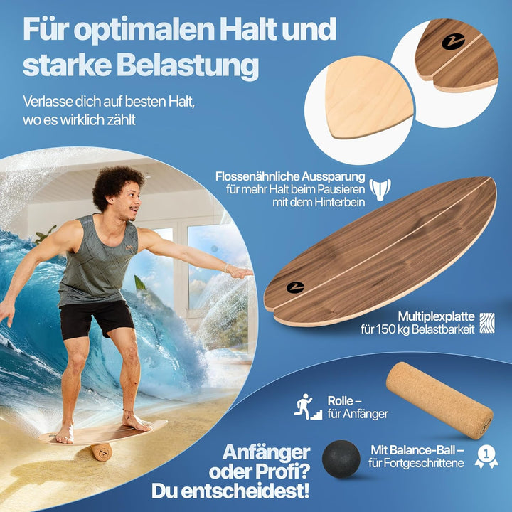 Balance Board aus Holz in – mit abgerundeten Ecken – inkl. Rolle für Neuromuscular Response Training
