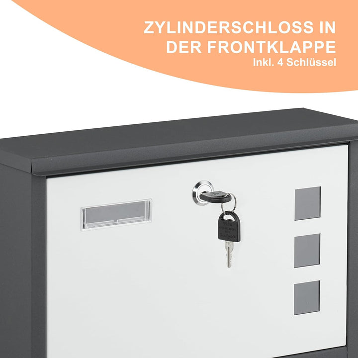 Relaxdays Briefkasten mit Sichtfenster, Metall, 4 Schlüssel, Mit Zeitungsfach, HxBxT: ca. 30 x 36 x