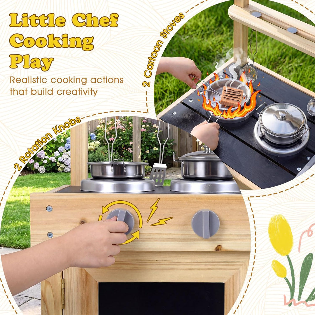 FANTASK Matschküche Kinder, Holz-Spielküchenset mit Wassertank, Herd, Kreidetafel &amp; Spüle, Kinderküc