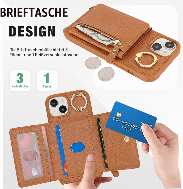 ELTEKER Handyhülle für iPhone 13 Mini Hülle mit Band Kartenfach Ringhalterung Geldbörse,Leder Klapph