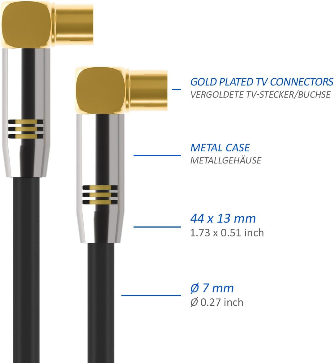 deleyCON 15m TV Antennenkabel HDTV Full HD - 2x gewinkelt - Koaxialkabel - TV-Stecker (90° Grad) zu