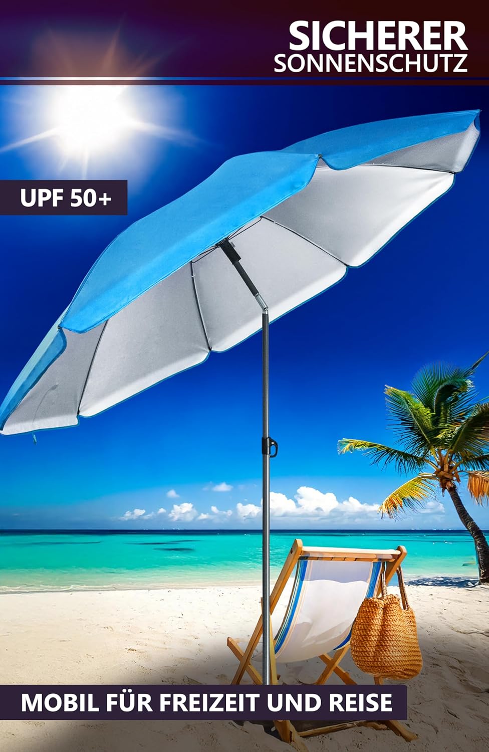 4smile Sunnyjoy Sonnenschirm Strand 3-IN-1 Set - Strandschirm windfest stabil, UPF 50+ Sonnenschirm