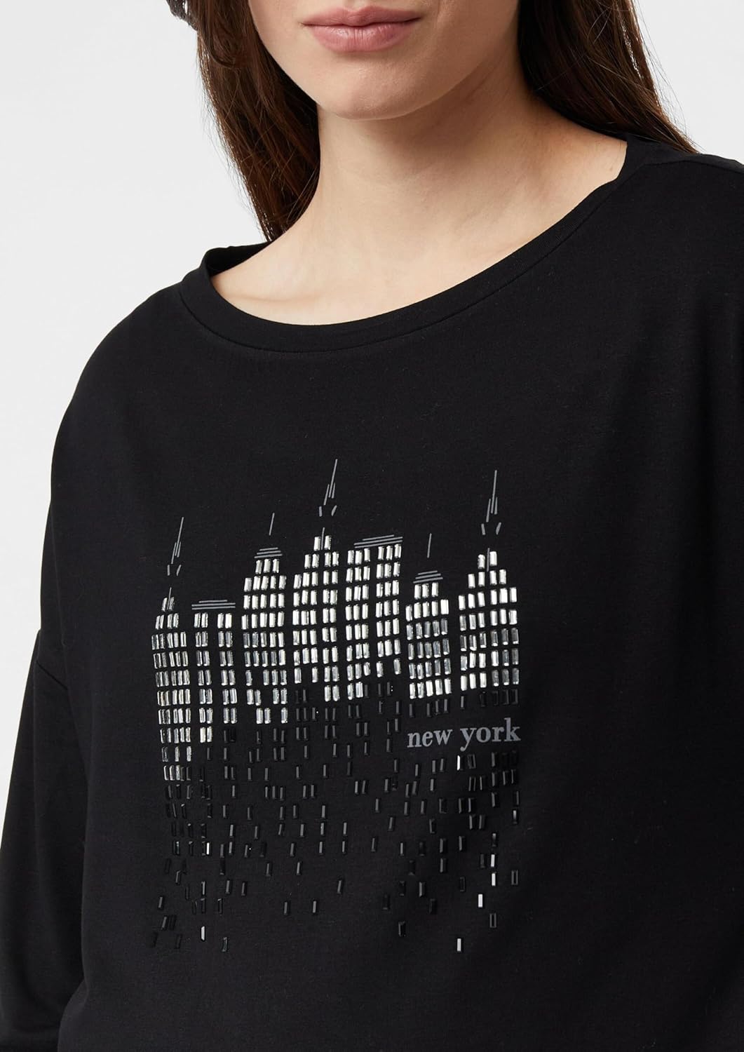 Comma Langarmshirt mit Frontprint und Strassdetails 46 99l0_schwarz, 46 99l0_schwarz
