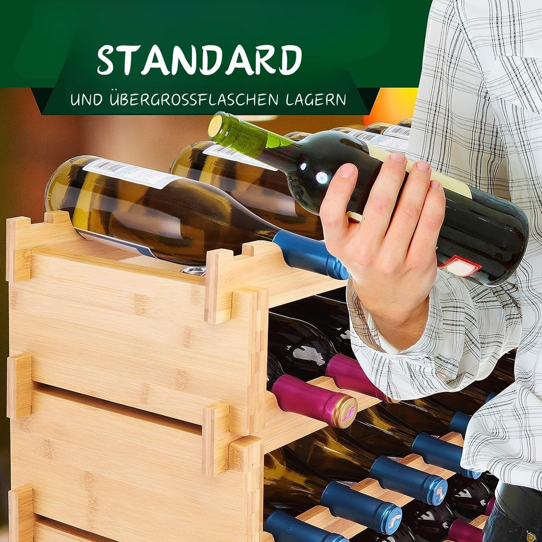 NutriChef Weinregal aus Bambus Holz – 72 Flaschen, 4 Etagen – Stapelbares Flaschenregal für Keller o