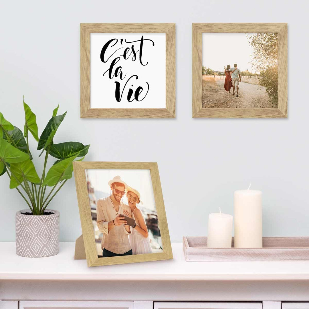 PHOTOLINI Bilderrahmen 20x20 cm Eiche Massivholz, breite Rahmen, 10er Set, modern, bruchsicheres Acr