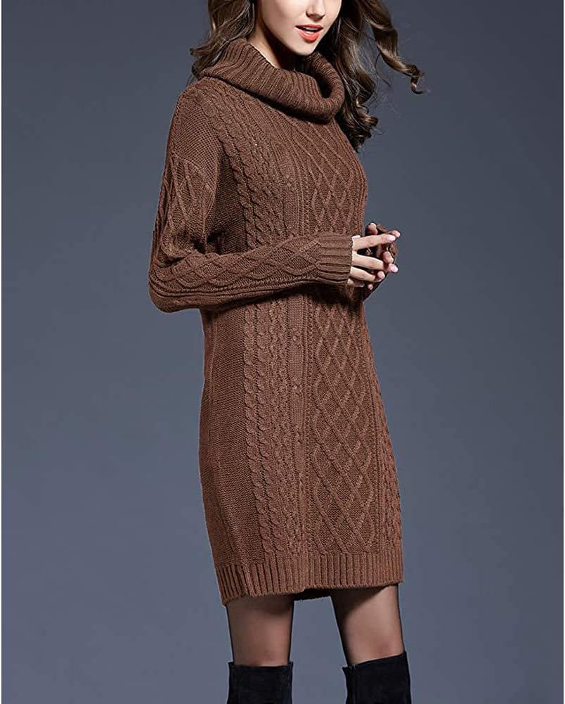 HZQIFEI Damen Strickkleider Langarm Rollkragen PulloverKleid Pullikleid Einfarbig Minikleid Casual L