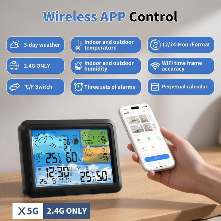 Wetterstation Wlan,Mit Aussensensor & Wettervorhersage,Mit App Tuya Und Smartlife,Digital Farbdispla