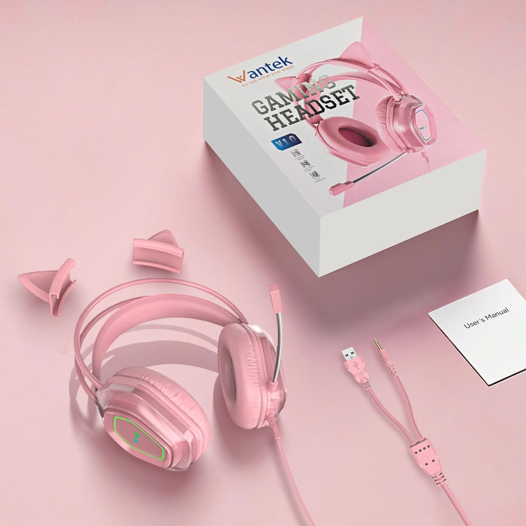 Wantak Katzenohr Kopfhörer mit Mikrofon – Kabel (3,5mm/USB) – Gaming Headset für PC/PS5/Xbox – Noise