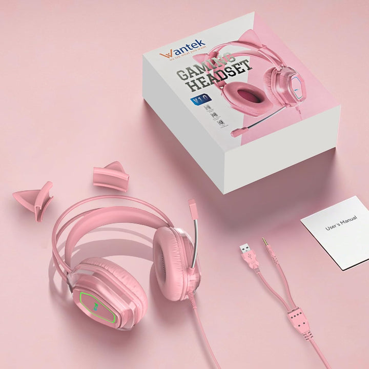 Wantak Katzenohr Kopfhörer mit Mikrofon – Kabel (3,5mm/USB) – Gaming Headset für PC/PS5/Xbox – Noise