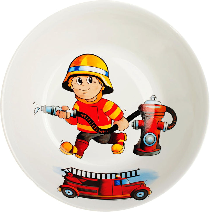 2 TLG. Set Tasse + hoher Teller/Suppenteller/Müslischale - Feuerwehr - Feuerwehrmann & Feuerwehrauto