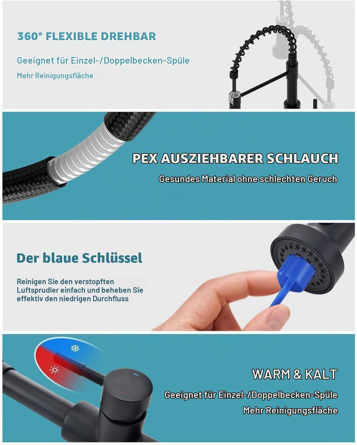 Niederdruck Armatur Küche Schwarz, Frühling Gebürstet Edelstahl Küchenarmatur mit Brause Ausziehbar