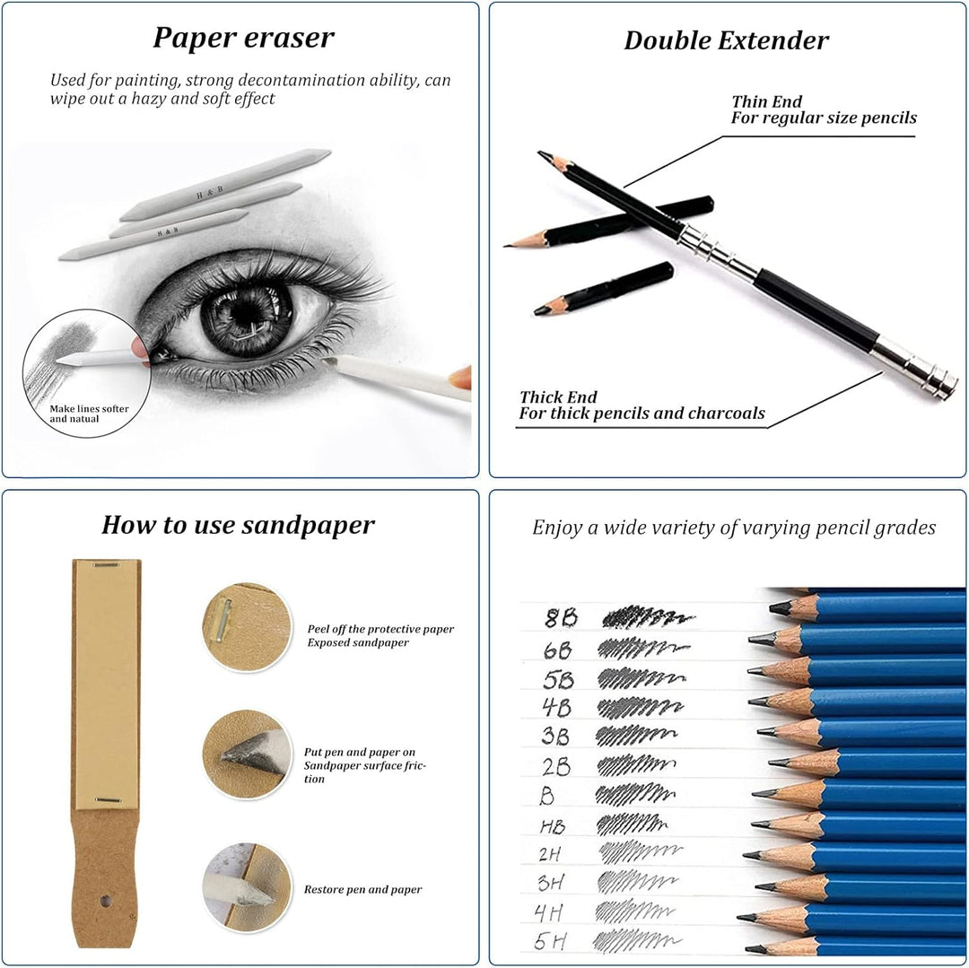 Skizzen Zeichen Bleistift Set 35 Stück Professionelles Zeichenzubehör mit Reissverschluss Tragetasch