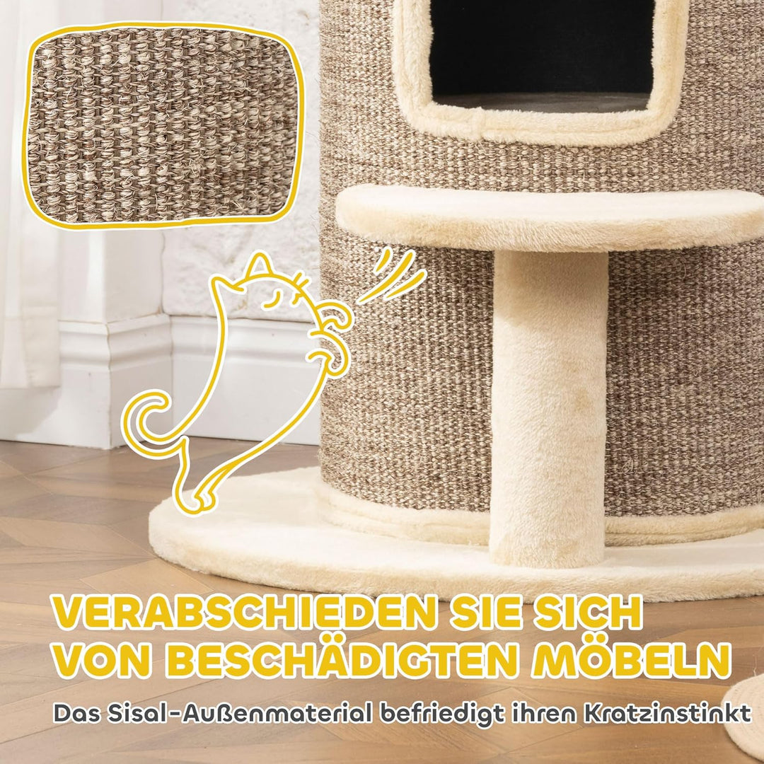PawHut Kratztonne für Katzen, 61 cm Hoch Katzentonne mit 2 Höhlen, Kratzbaum mit Sprungplattform, Ka