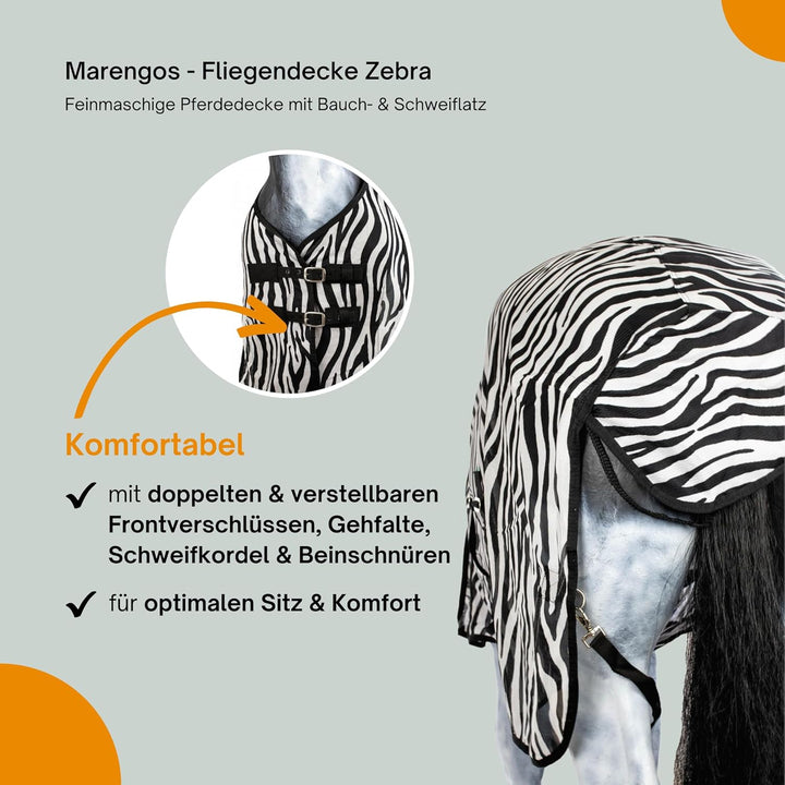 Marengos - Fliegendecke Zebra – feinmaschige Pferdedecke mit Bauch- & Schweiflatz – Schutz vor Insek