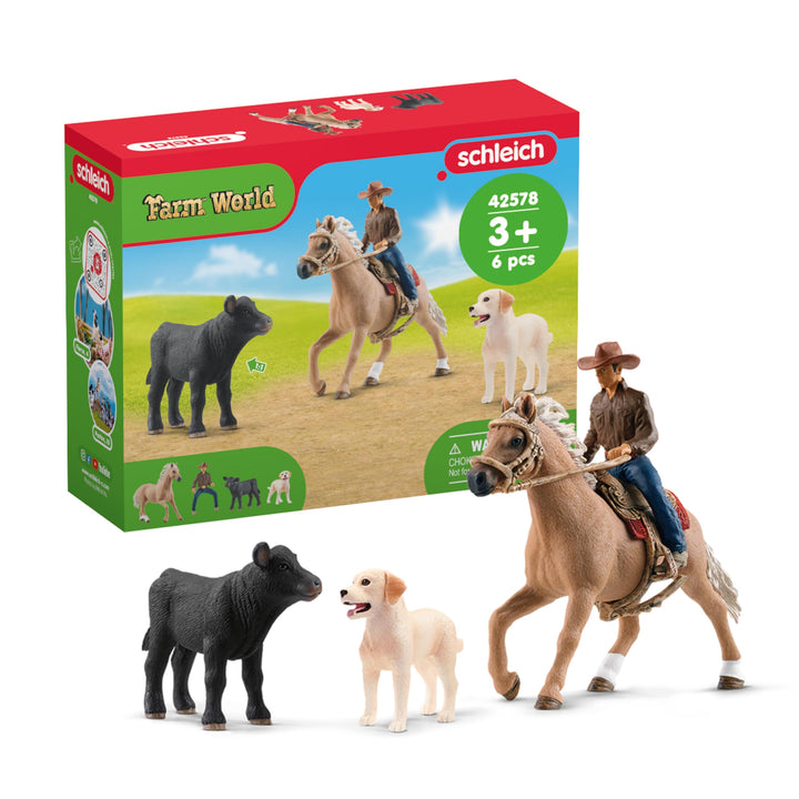 SCHLEICH Farm World | Westernreiten 42578 | Bauernhof Set mit Cowboy, Pferd, Kuh und Hund sowie Zaum