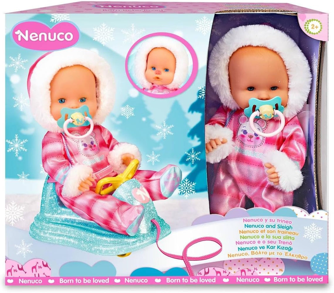 Nenuco - Schlitten - Harte Babypuppe 35 cm, ihre Nase ändert Sich bei Kälte, Zubehör: Schnuller und